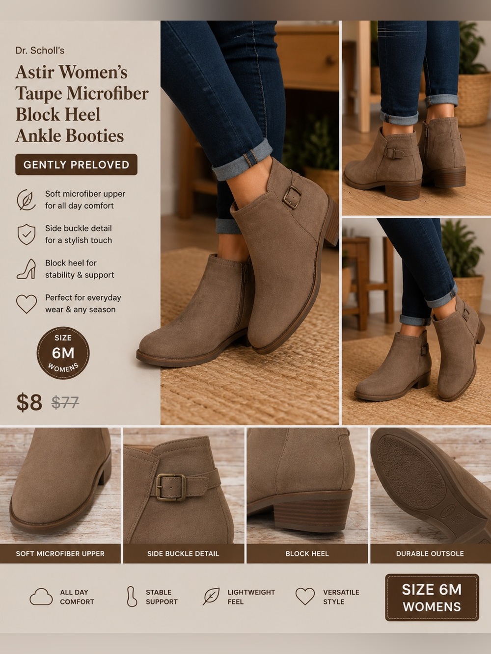 Dr. Scholls Astir Womens Taupe Microfiber Block Heel Ankle Booties Brown Size 6M